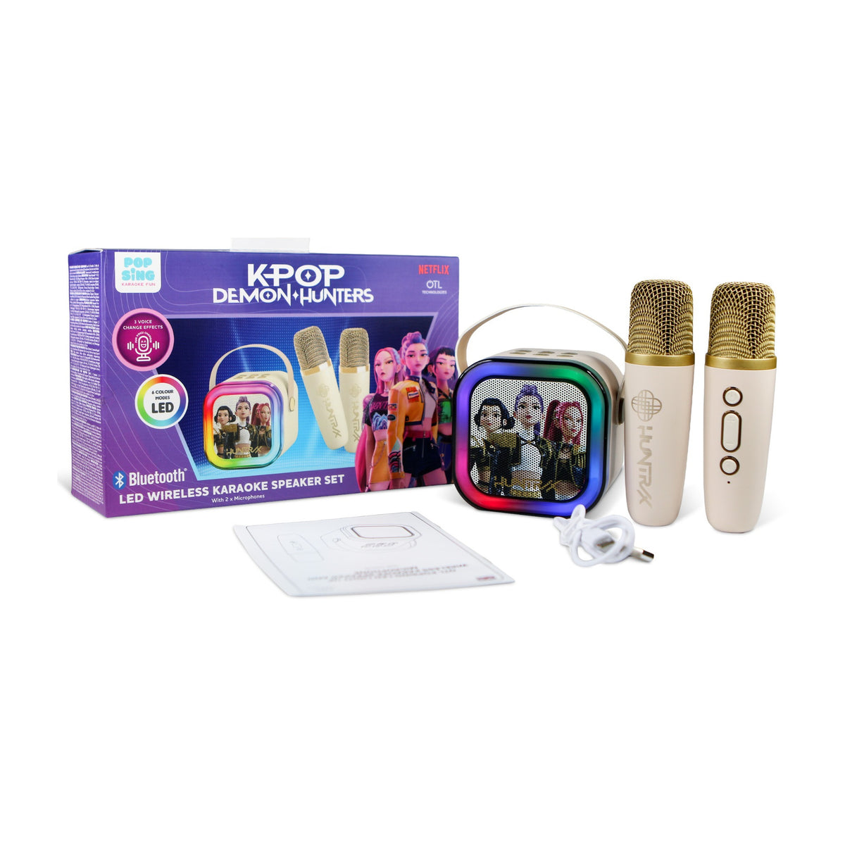 KPop Demon Hunters HUNTR/X Golden LED Wireless Karaoke Speaker Set with 2 Microphones – Cream