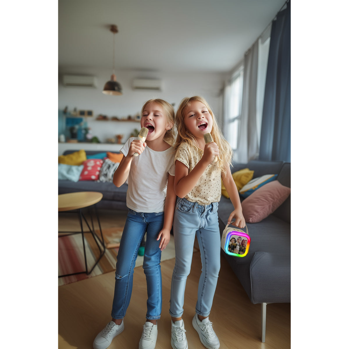 KPop Demon Hunters HUNTR/X Golden LED Wireless Karaoke Speaker Set with 2 Microphones – Cream