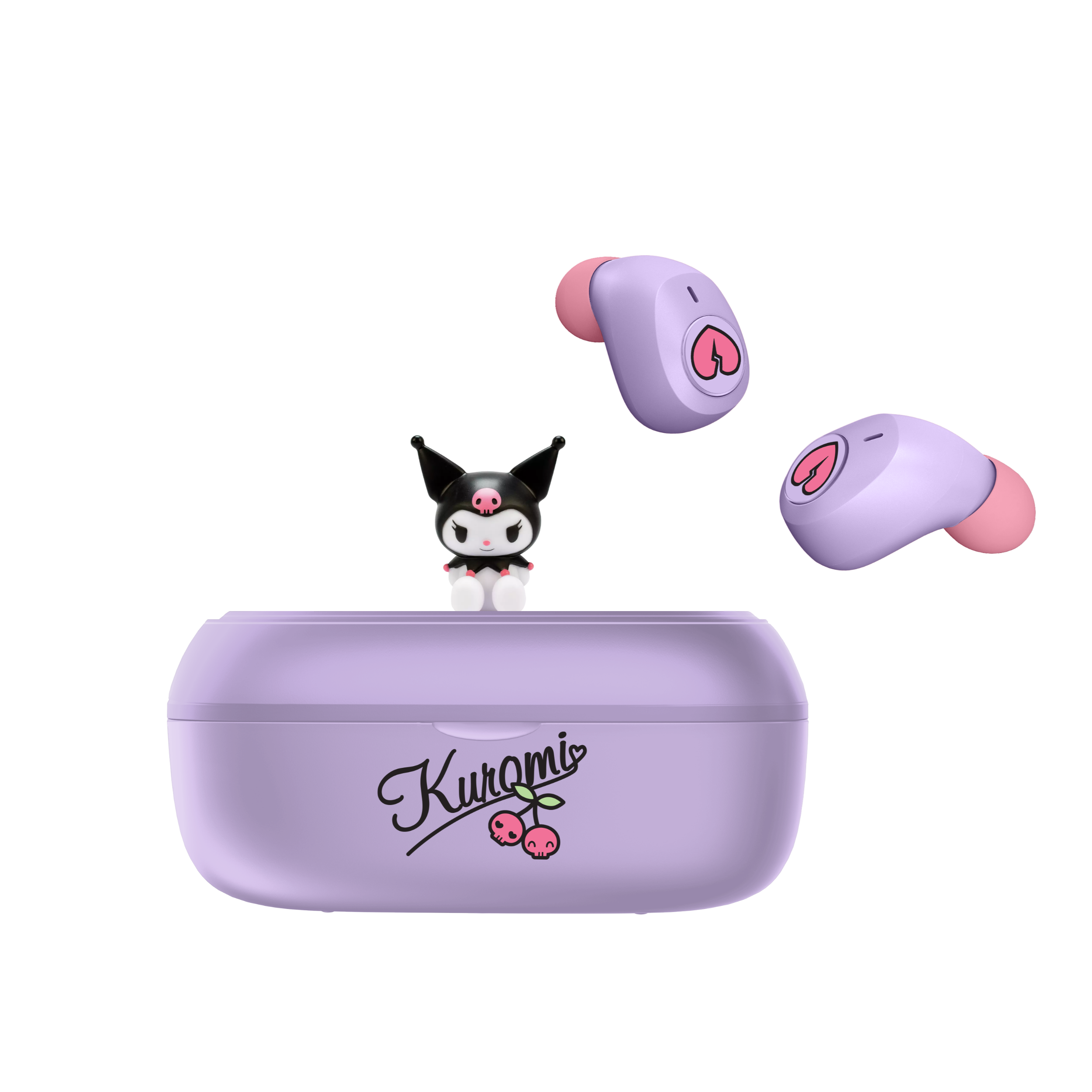 Purple wireless earbuds with a cute character design and 'Kurumi' branding on a white background.