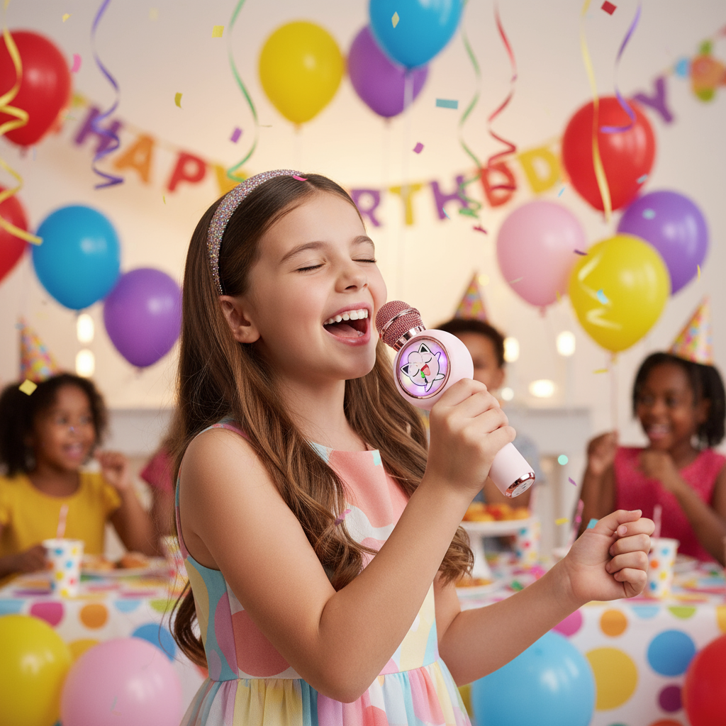 Girl singing into a microphone at a birthday party with balloons and decorations.